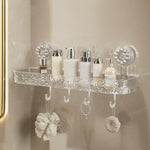 HASTHIP Bathroom Toiletries Organizer Tray for Wall Mount Storage with 4 Hooks and Quick Drainage | Clear Textured 36x10x3.5cm Design