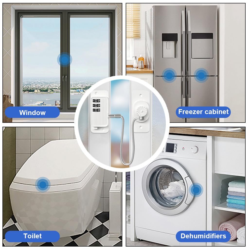 Door Lock for Kids' Safety, Fridge Lock with Password, Nail-Free Password Chain Lock, Multifunctional Cabinet Locks for Refrigerator, Cabinets and Drawers, Closets, Windows, Doors (White)