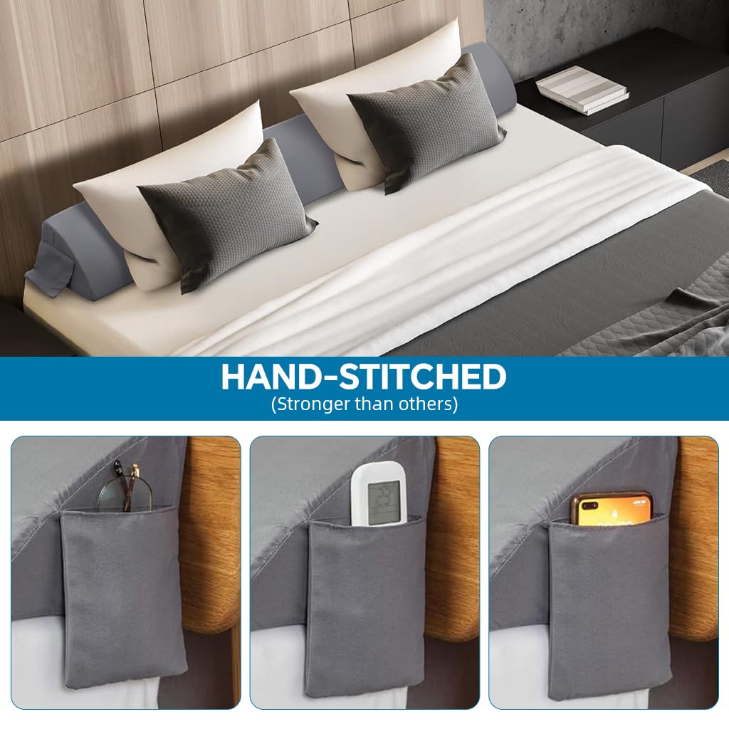 HASTHIP Headboard Cushion for Bed with Side Phone Pocket 39 x 10 x 6 in Grey Foam | Gap Cover Pillow for Comfortable Support