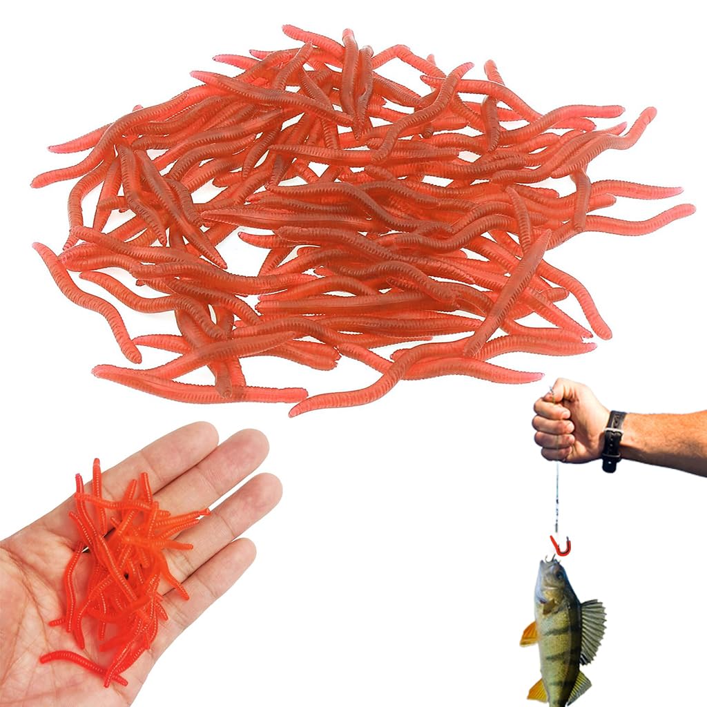 HASTHIP® 100 Piezas Cebo de Pesca Realista Gusano de Tierra 3.5CM, Señuelos Blandos Artificiales con Aroma Natural, Gusanos Rojos para Agua Dulce y Salada, Ideal para Jigging y Pesca en Lago