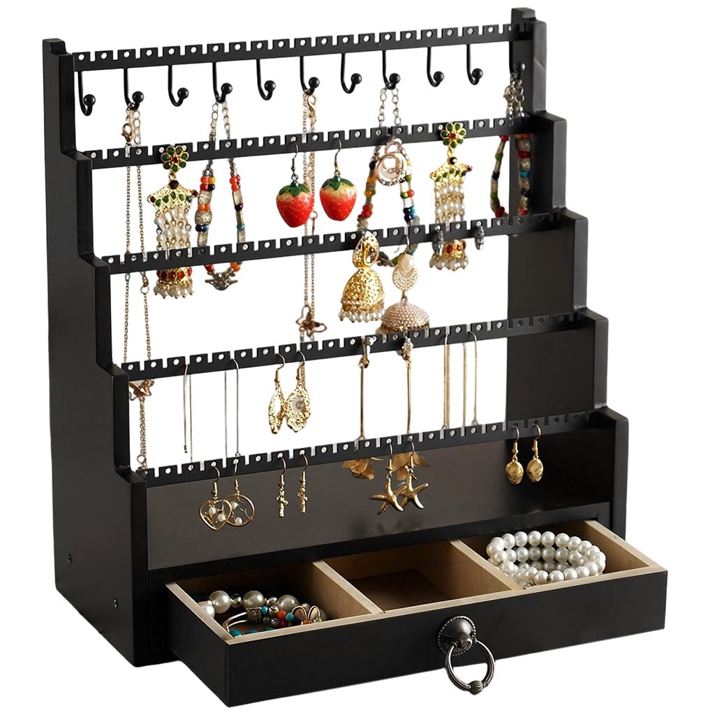 HASTHIP® Jewelry Organizer Earrings Necklace Display Stand Stepped 5-Tier Wooden Jewelry Storage Rack Elegant Black Finished Dresser Organizer for Bracelet Bangle Necklace, 29x13x30.5cm