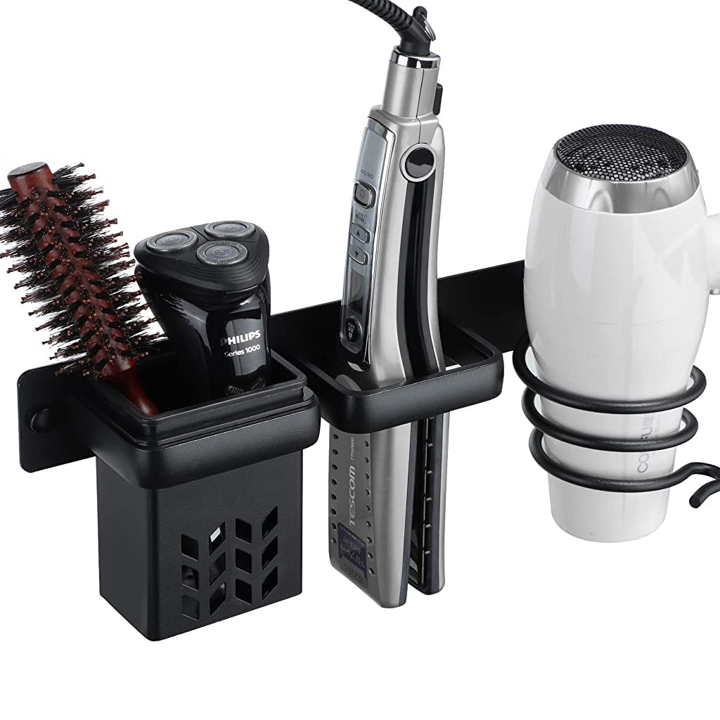 HASTHIP Hair Dryer Stand for Wall with 3 in 1 Storage Basket and Plug Hook | Black Aluminum Organizer