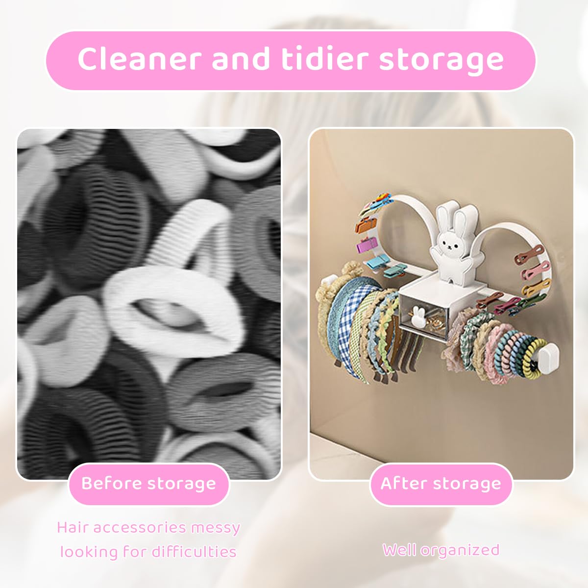 HASTHIP Headband Holder Organizer for Girls with Double Layer Design and Drawer | Cute Bunny Décor
