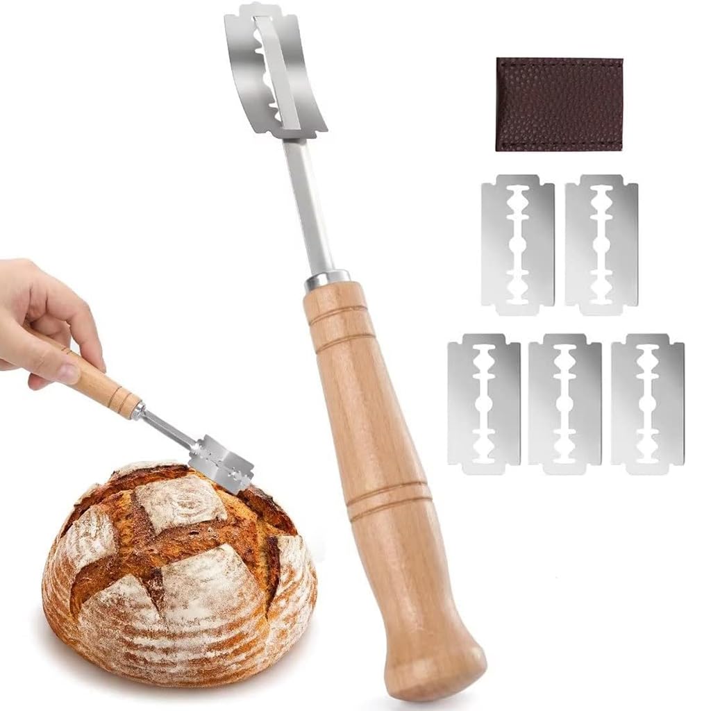 HASTHIP® Cuchilla para pan con 5 hojas reemplazables,cuchillo de pan de acero inoxidable con mango madera,herramienta profesional para cortar y decorar masa agria y artesanal