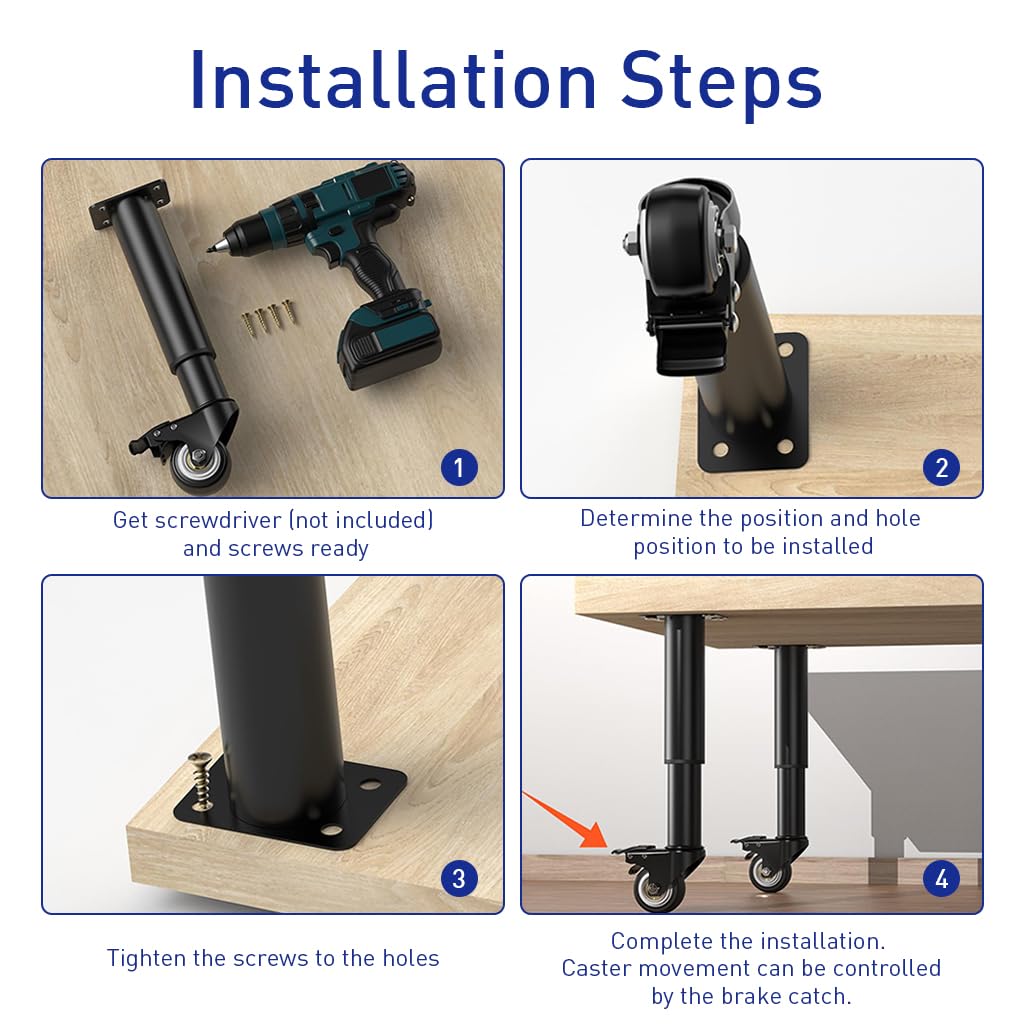 HASTHIP Furniture Legs for Tables and Cabinets featuring 7–12 in Adjustment and 360° Locking Wheels