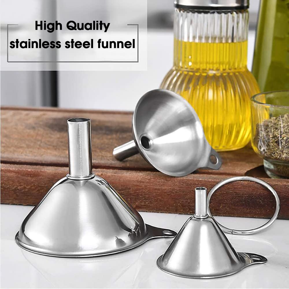 HASTHIP metal stainless steel funnel set of 3 with 2 cleaning brushes 0.24–0.47in nozzles for kitchen use | food grade stackable design