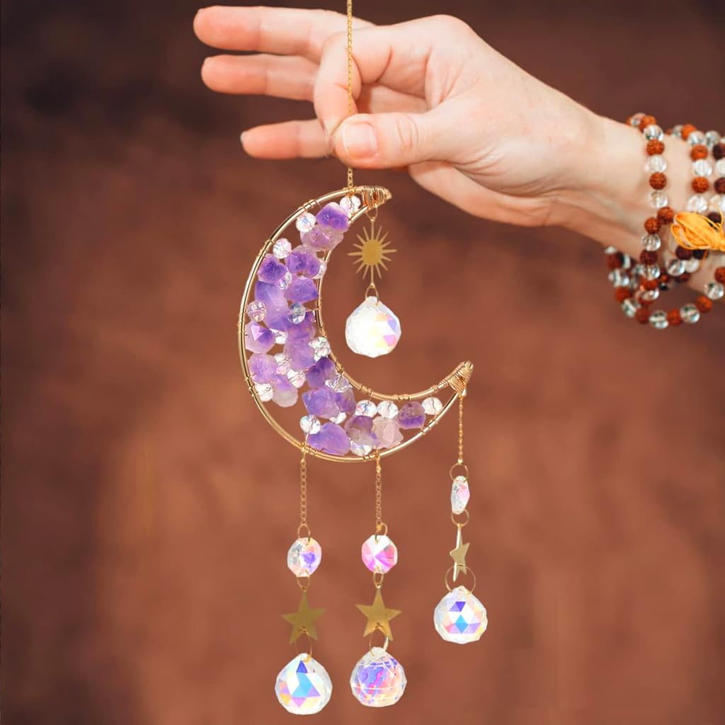 HASTHIP Sparkling Crystal Moon Charm for Home Decor featuring Purple Acrylic Crescent 16.2 in