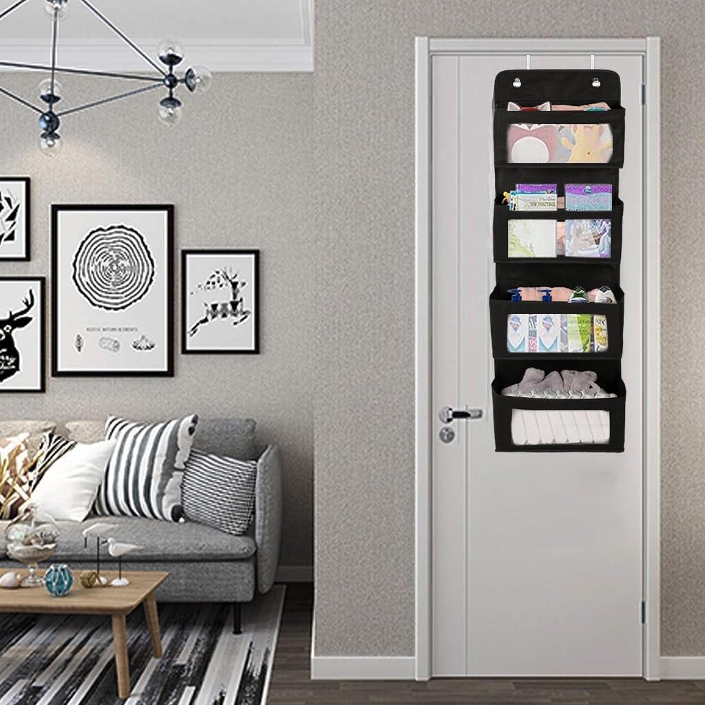 HASTHIP Over The Door Organizer for Wall and Closet Storage with 4 Felt Shelves and Clear Windows | Black