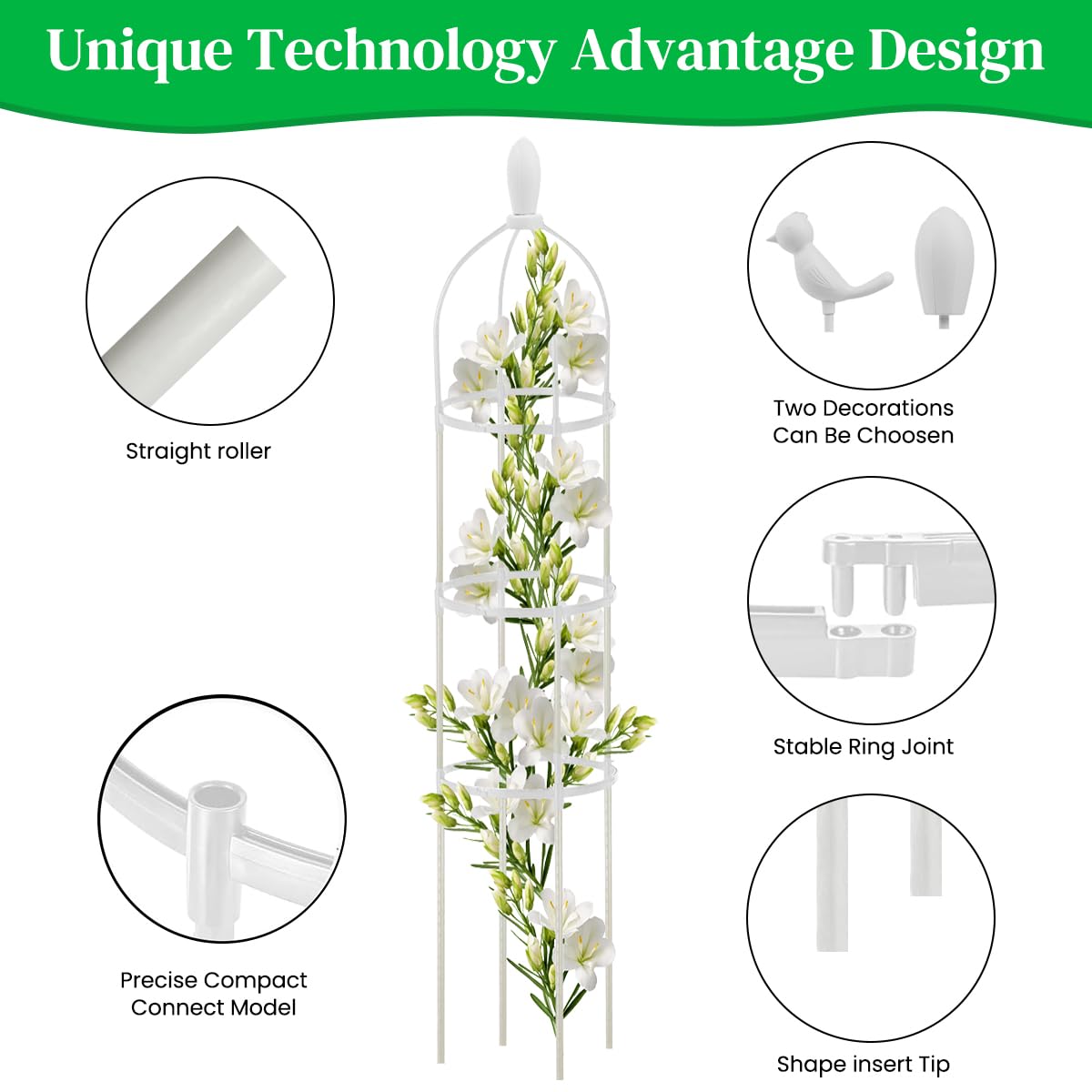 HASTHIP Garden Plant Support for Climbers with Obelisk Trellis 120cm | Decorative Bird Tip
