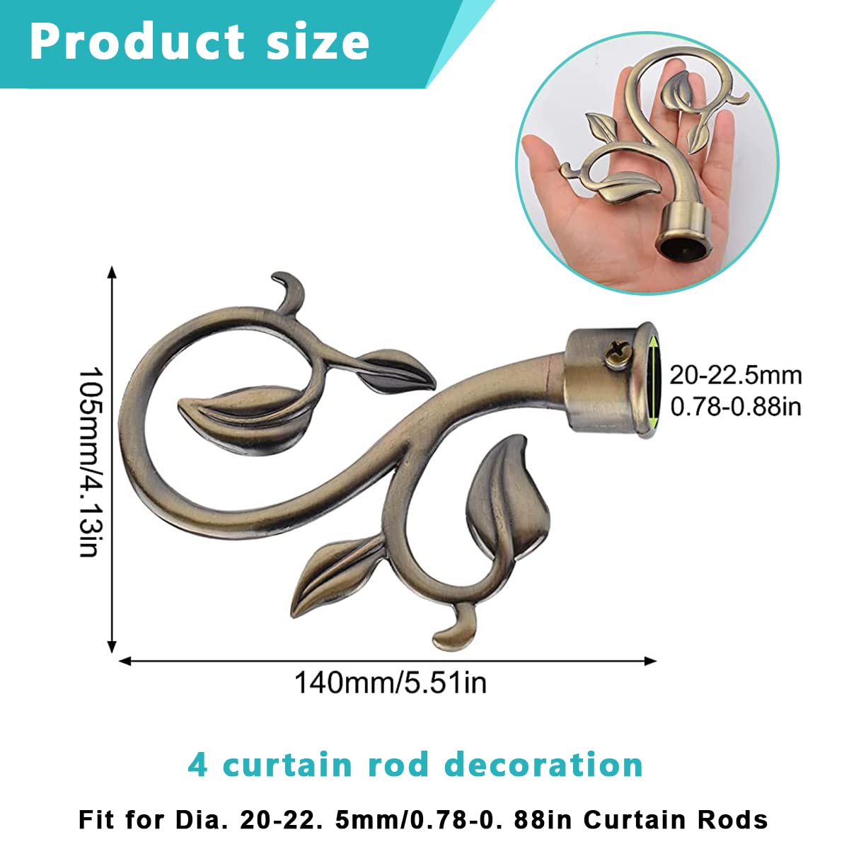 HASTHIP Curtain Rod Finials for 20–22.5mm Rods with Leaf Branch Design in Brass | Set of 4