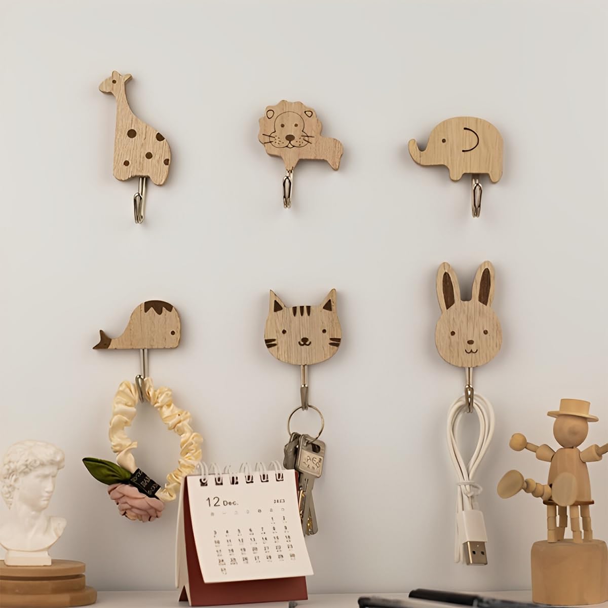 HASTHIP Cartoon Wooden Wall Hooks for Entryway and Room with Self-Adhesive Design | 6Pcs Durable Wood & Metal Organizer