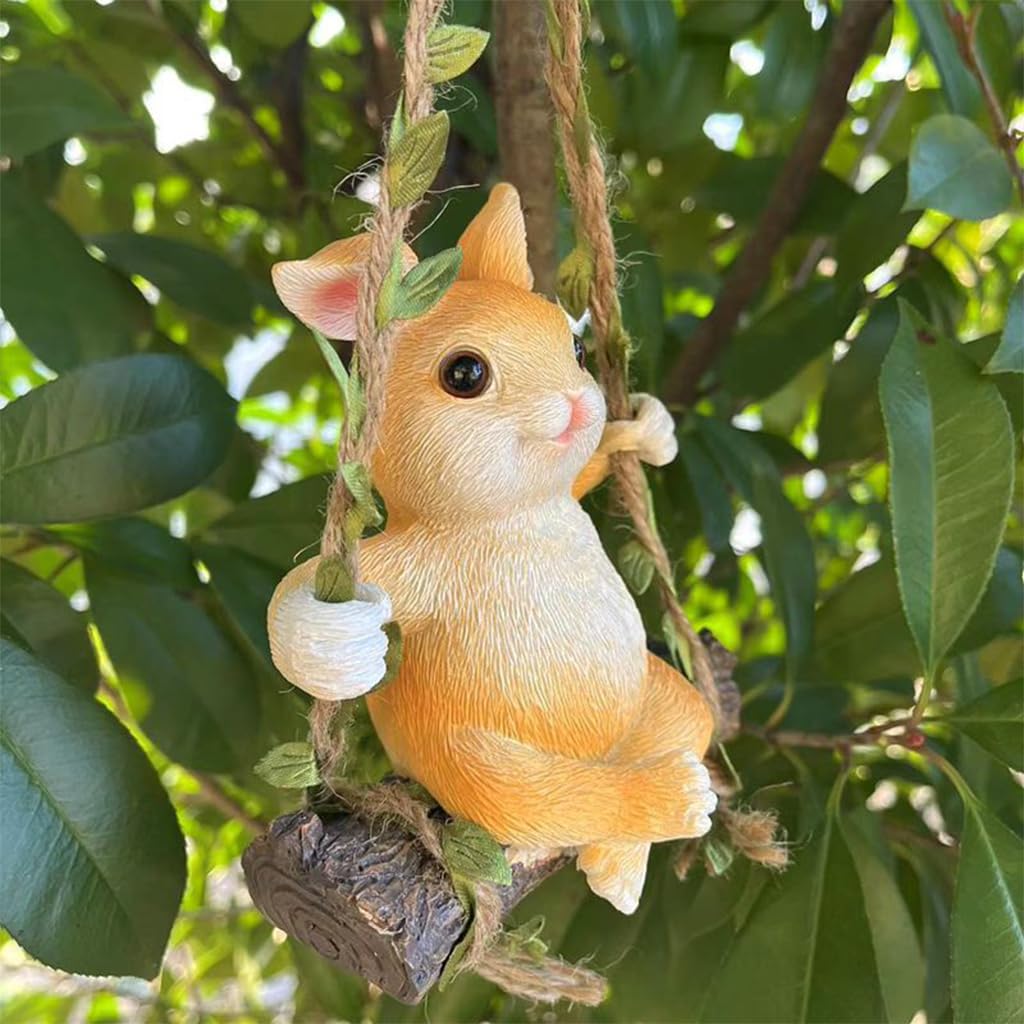 HASTHIP Lovely Rabbit Car Ornament for Home or Auto Decor with 35cm Hemp Rope | Resin Bunny Swing Figure 10x13cm