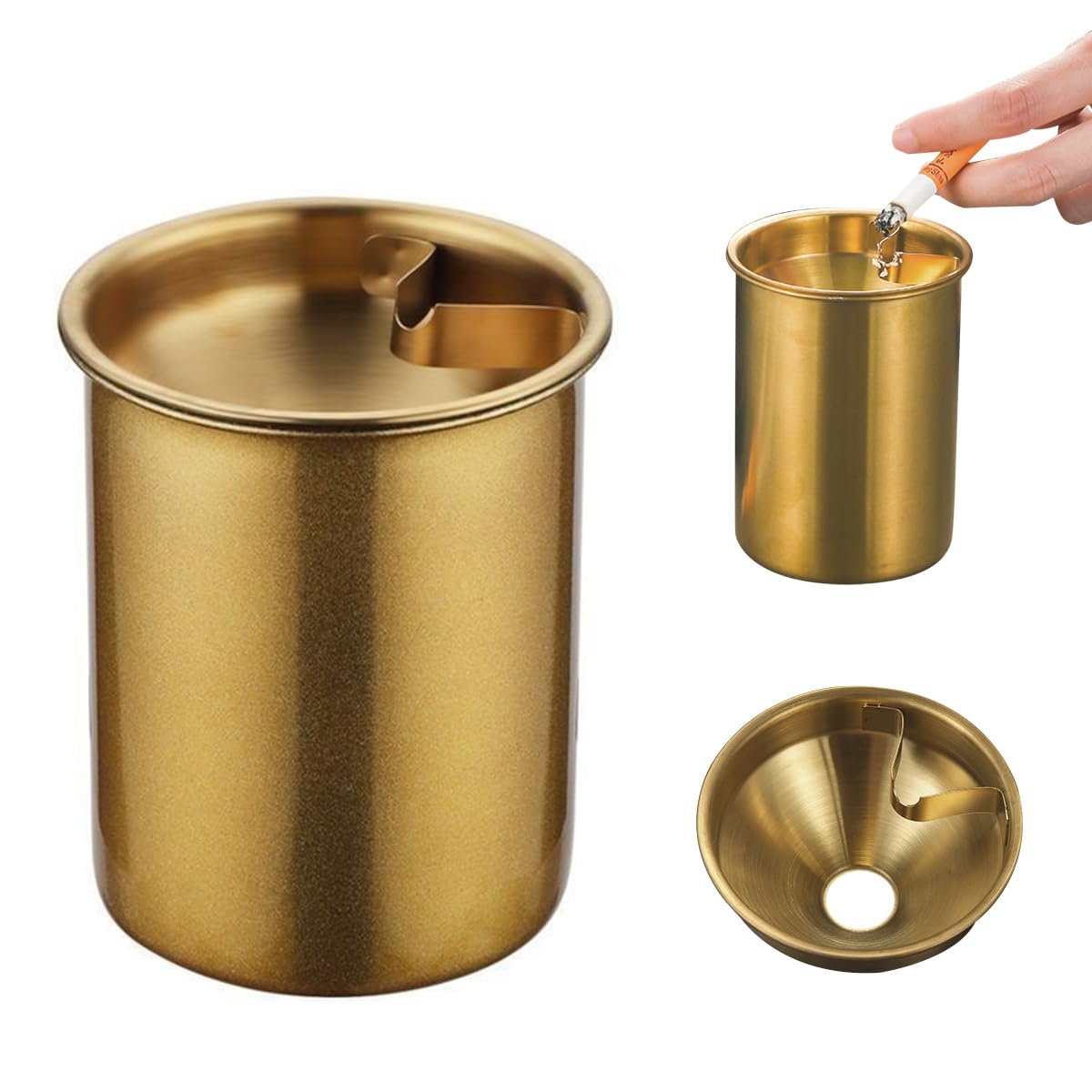 HASTHIP Car Ash Tray for Home Office and Car with Funnel Lid & Cigarette Holder | 3.9 in Golden Stainless Steel