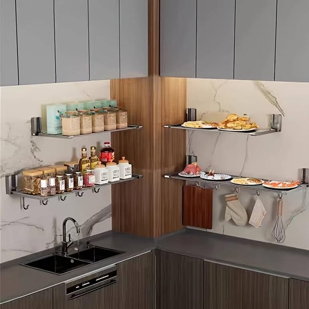 HASTHIP Kitchen Rack Wall Mounted for Space Saving with 5 Hooks and 22x7 in Foldable Shelf | No Drill Organizer for Condiments and Utensils