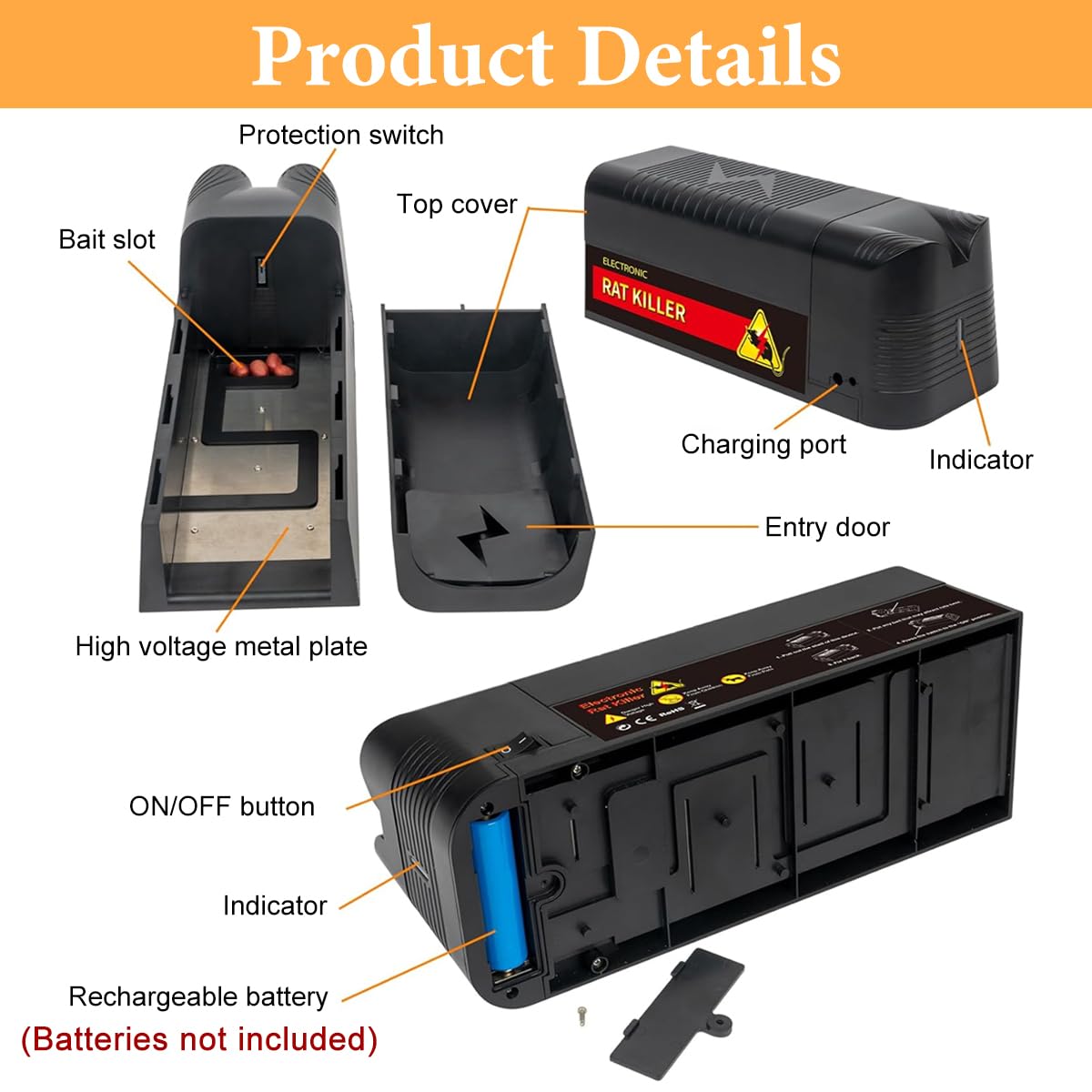 HASTHIP® Electric Mouse Trap No Wiring Rechargeable Electric Rat Trap High PowerMouse Trap with Switch Indoor Electric Rat Trap for Room, Garage, Kitchen, 260x100x96.5mm