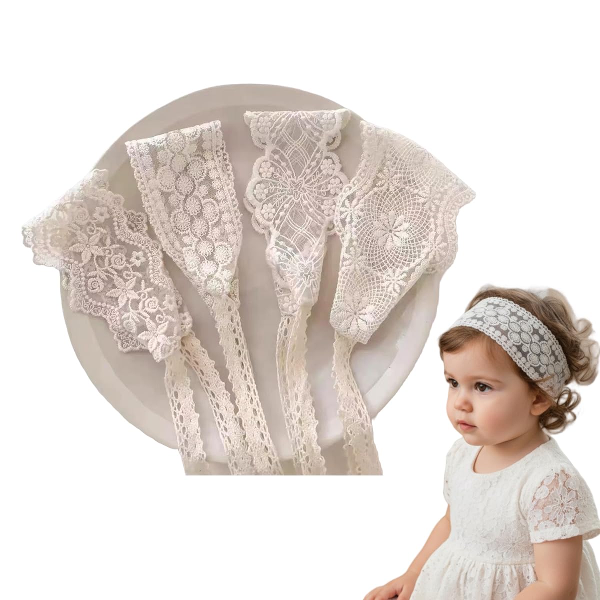 HASTHIP® Diadema de Encaje Suave para Niñas,Cinta para el Pelo con Lazo,4 Pcs Cintas Elásticas de Algodón y Poliéster Diadema Blanca y Rosa Ideal Bebés Niñas