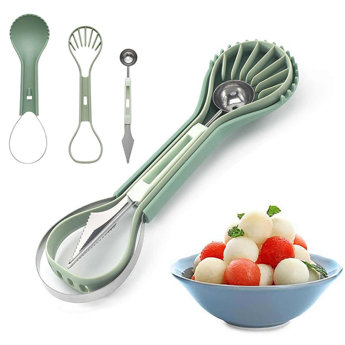 HASTHIP® 6 in 1 Stainless Steel Melon Baller Scoop Set, Dual Head Fruit Scooper Seed Remover and Cutter Tool Kit for Watermelon, Cantaloupe, Kiwi, Ice Cream, Meatball and Fruit Carving
