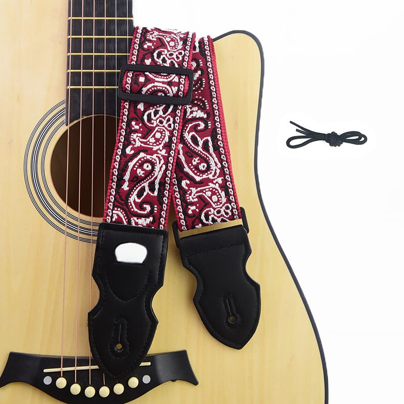 HASTHIP® Correa de hombro para guitarra boho bordada ajustable con ranura para púas, correa ancha de nailon para guitarras acústicas, eléctricas y bajo, rojo