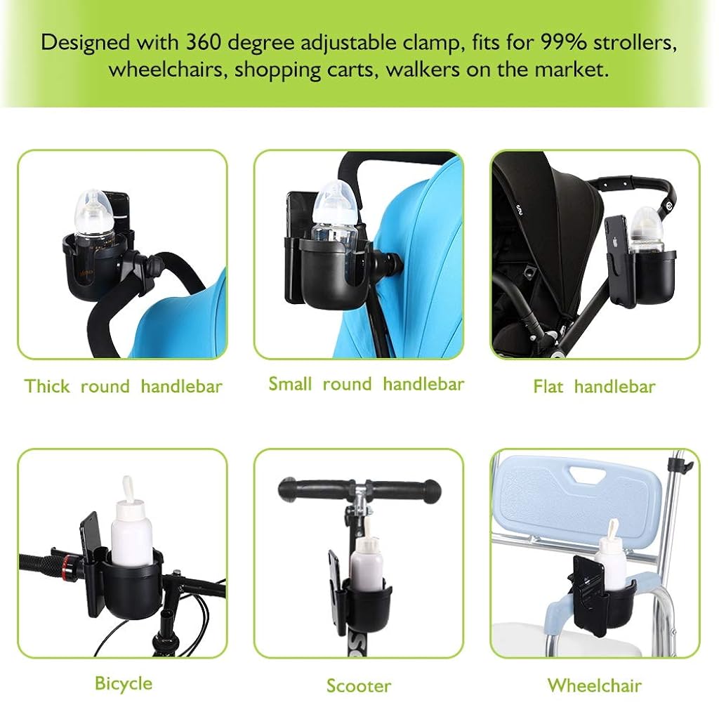 HASTHIP® Stroller Cup Holder with Phone Holder, 2-in-1 Cup Stroller for Bike Universal Strollers, Bike, Wheelchair, Walker, Scooter - Black