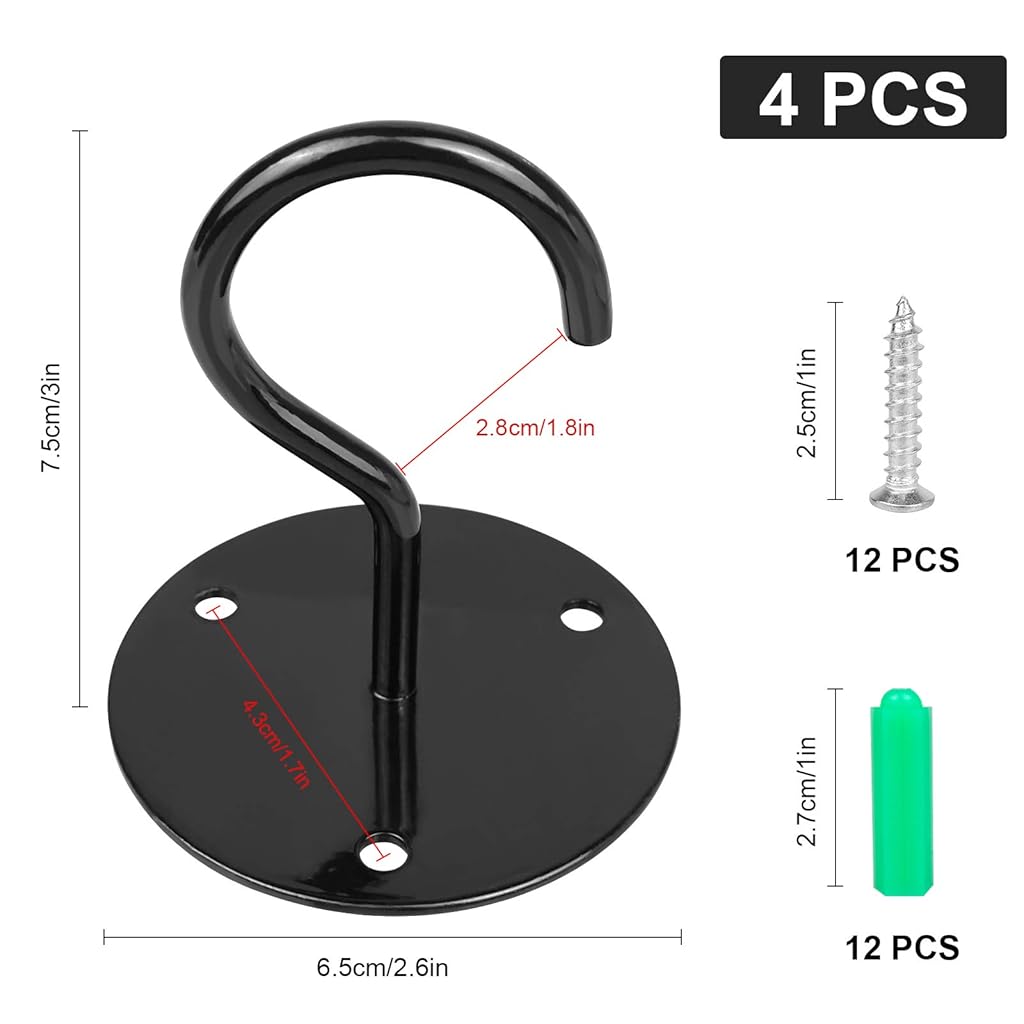 HASTHIP® 4Pcs Heavy Duty Metal Ceiling Hooks with Screws for Hanging Plants, Flower Pots, String Lights, Wind Chimes, Bird Feeders, Wall Mounted Hooks for Balcony, Porch, Garden, Black