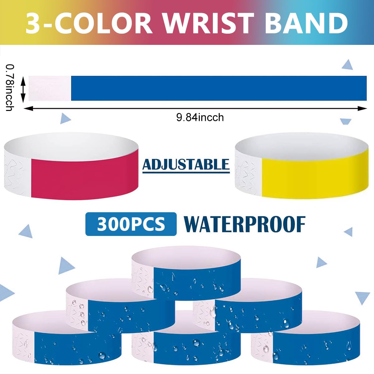HASTHIP Paper Wristbands for Club and Party Events with Self Adhesive Closure | 300 Count Red Yellow Blue Set