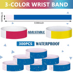 HASTHIP Paper Wristbands for Club and Party Events with Self Adhesive Closure | 300 Count Red Yellow Blue Set
