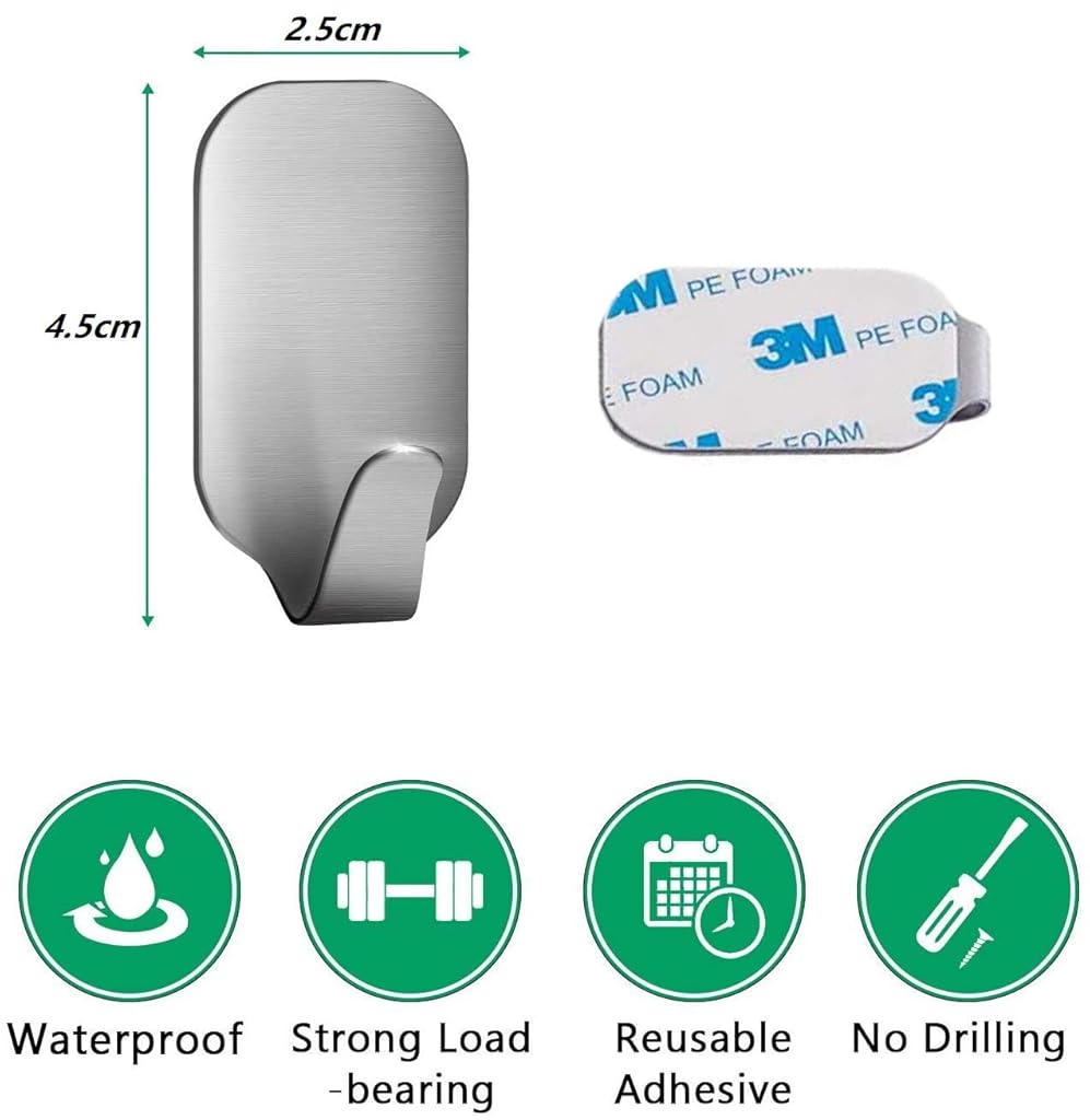HASTHIP® 8 Pack Stainless Steel Self Adhesive Wall Hooks, Heavy Duty Waterproof Narrow Sticky Hooks for Bathroom Kitchen, No Drill, Rustproof, Space Saving, 4.5x2.5 cm, Silver Organizer Hangers