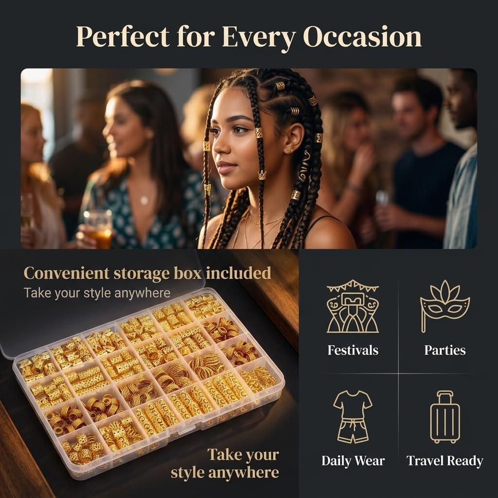 HASHITP 220-Pc Gold Hair Jewelry for Braids