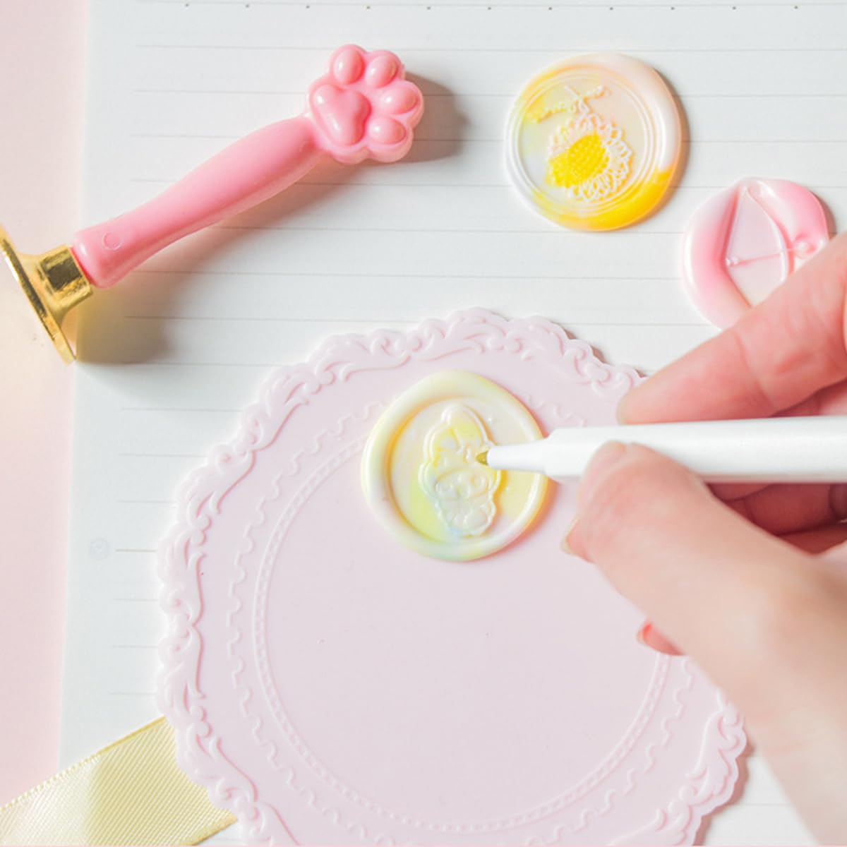 HASTHIP Wax Seal Stamp Set for DIY Invitations with 15 Multicolor Beads and 6 Stamps | Pink Cat Claw Handle