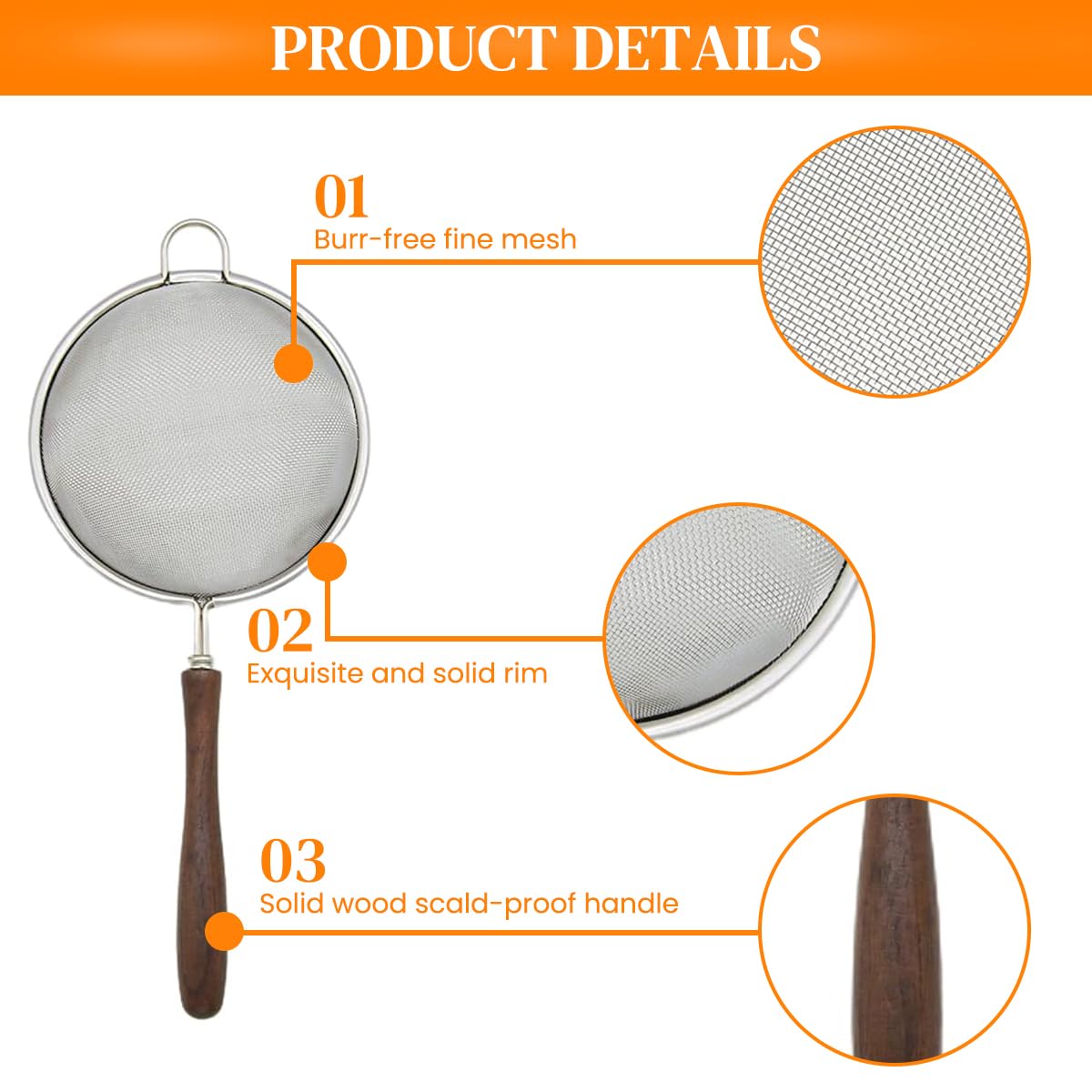 HASTHIP® Mesh Strainer for Kitchen, Colander Skimmer 304 Stainless Steel with Wooden Handle, Sieve Sifters for Food, Tea, Rice, Oil, Noodles