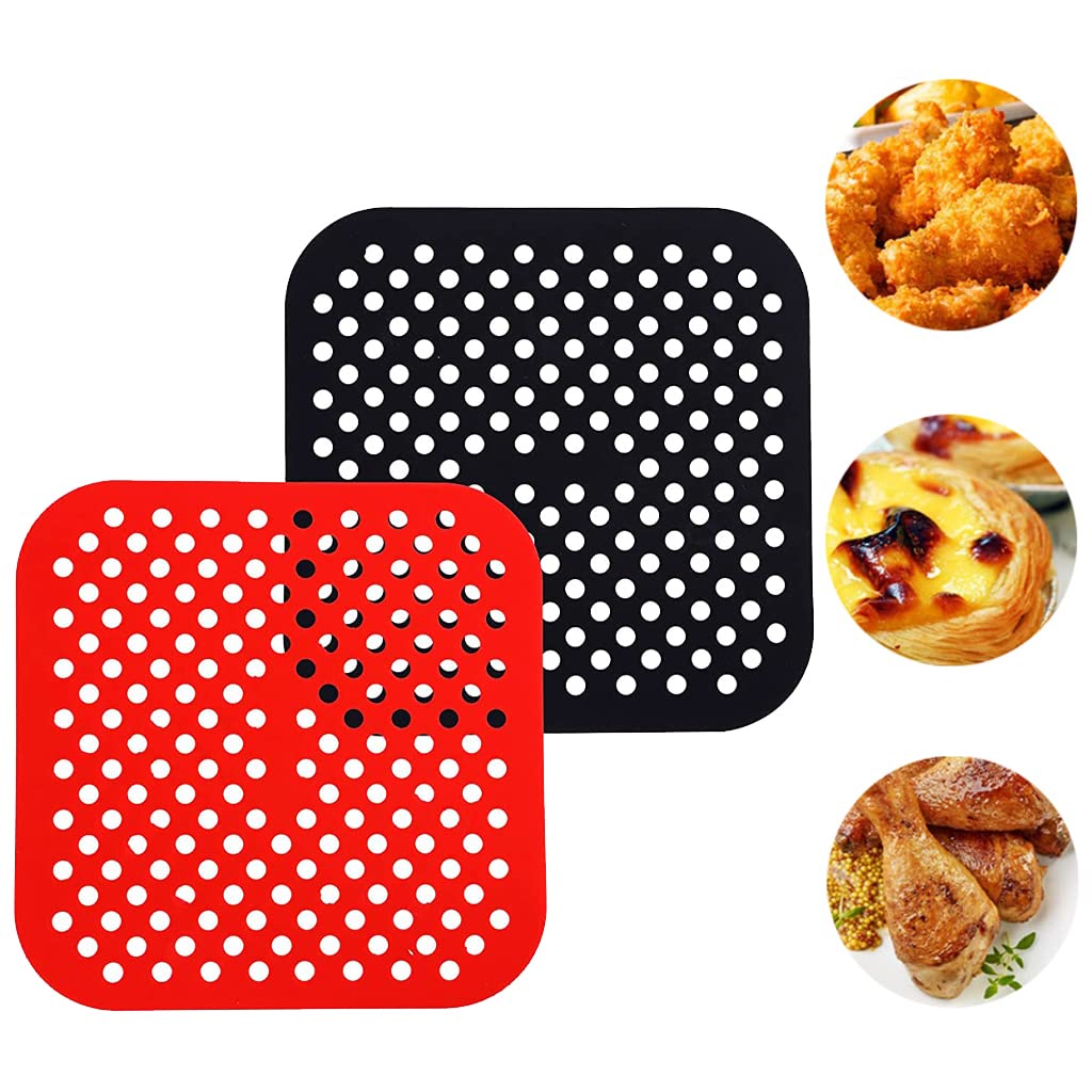 HASTHIP Air Fryer Liners for Easy Cleanup featuring 8.5 in Reusable Food‑Grade Silicone Pads | 2Pcs Red and Black Set