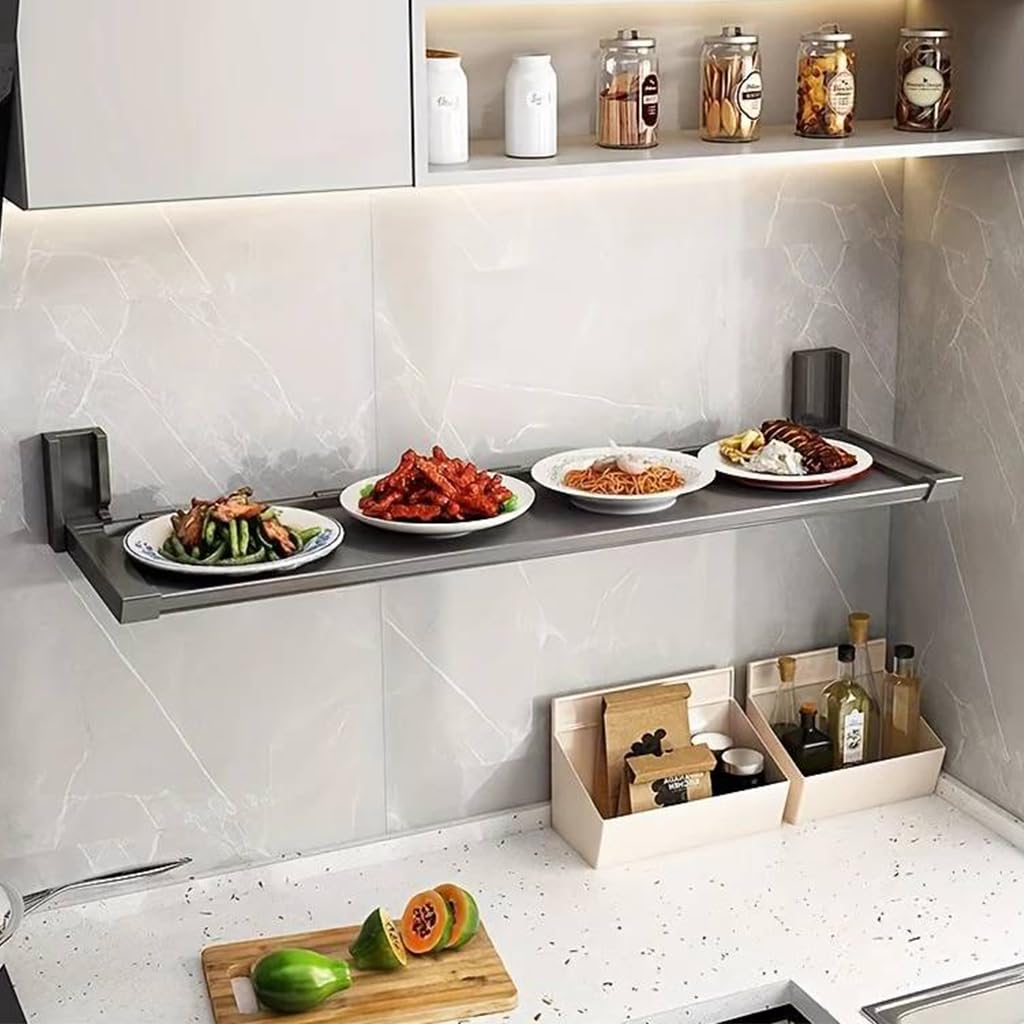 HASTHIP Kitchen Rack Wall Mounted for Space Saving with 5 Hooks and 22x7 in Foldable Shelf | No Drill Organizer for Condiments and Utensils