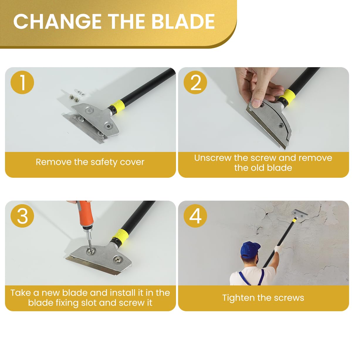 HASTHIP Blade Scraper for Floor and Wall Cleaning with 23.6 in Handle and Screw-Fixed Design | Includes 10 Replacement Metal Blades