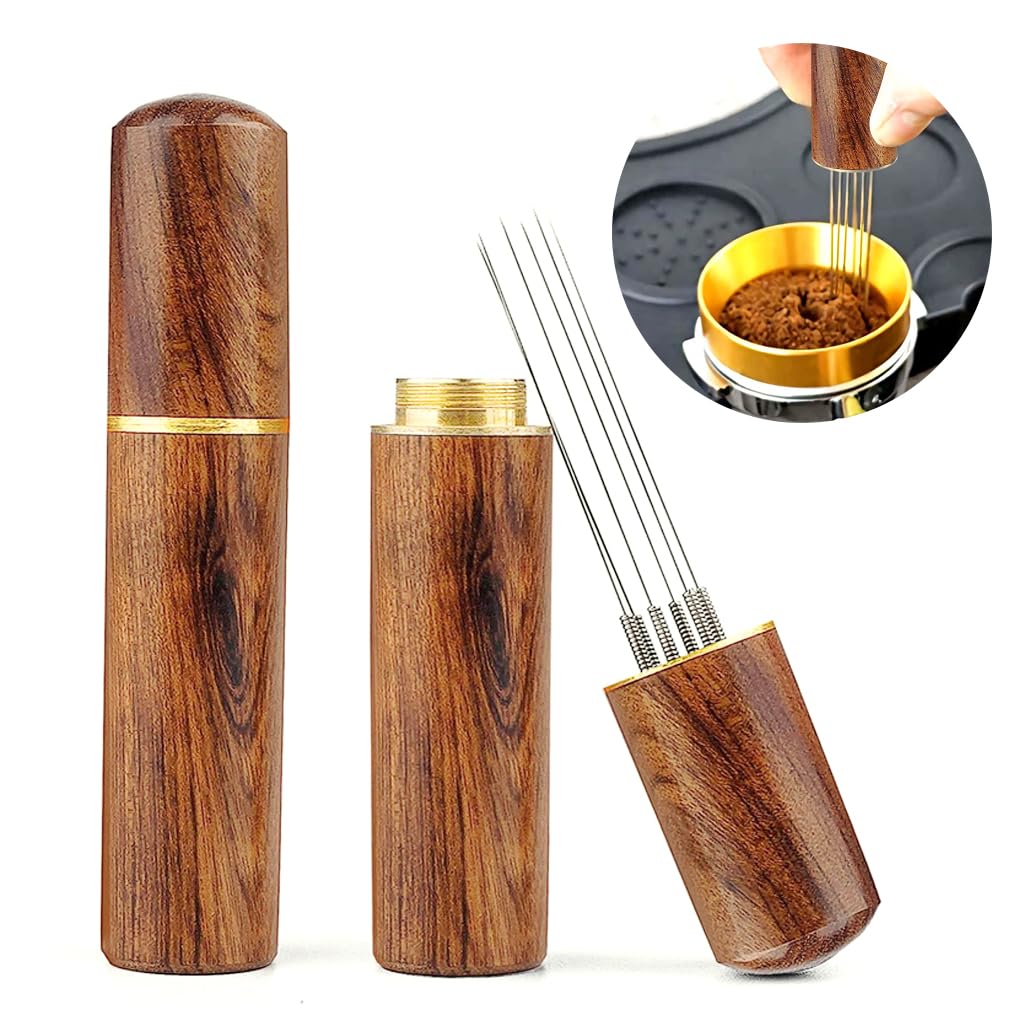 HASTHIP® Espresso Coffee Stirrer Pin Tamper for Espresso Coffee Making 6 Needles Ground Coffee Stirrer 0.4mm Fine Pin TamperNatural Wooden Handle Pin Coffee Tamper