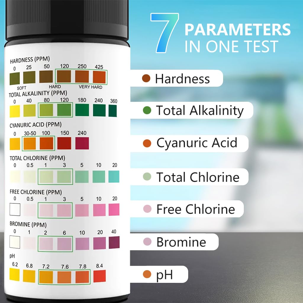 HASTHIP Pool Test Strips for Spa and Hot Tub Water Testing with 100 Counts | 7-in-1 PVC Accurate Results