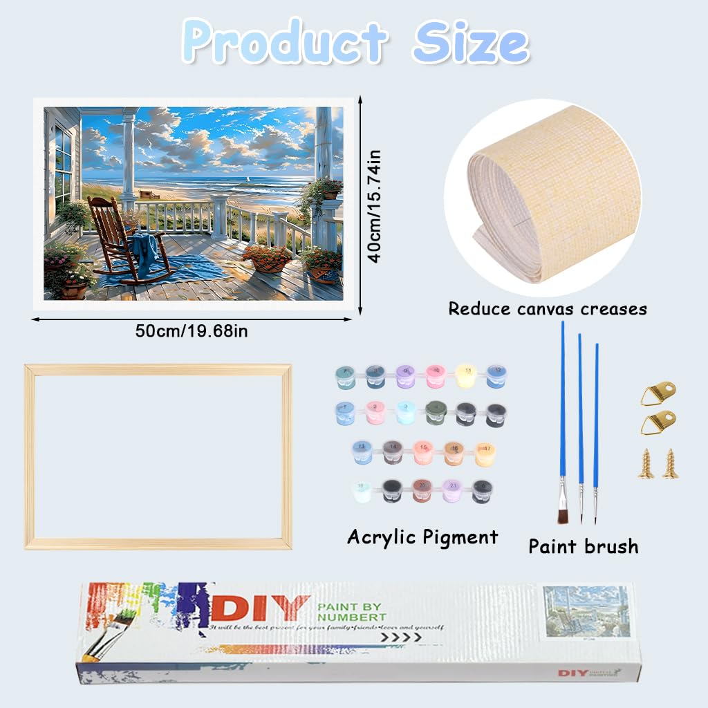 HASTHIP® DIY Paint by Number Kit for Adults, Coastal Porch Ocean View Landscape Painting Art Work with Frame, DIY Acrylic Paint by Numbers Canvas Wall Art Home Decor Gift, 40x50cm