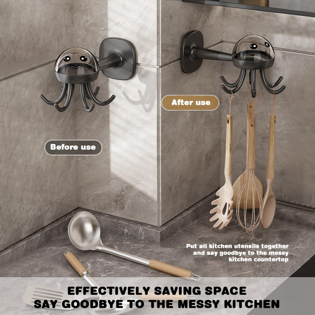 HASTHIP Kitchen Utensils Organizer Hooks for Wall with 360° Swivel Octopus Design | No Drill Space Saving Solution