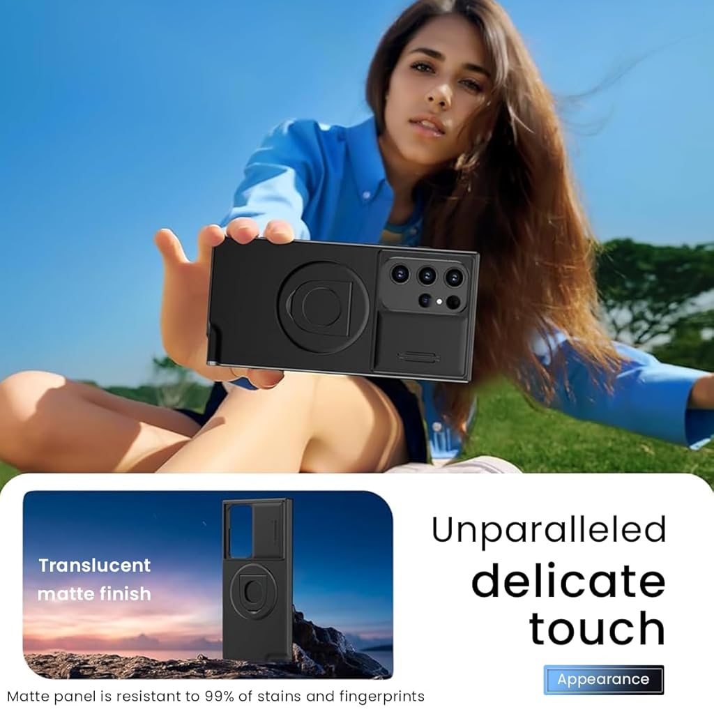 HASTHIP® 6.8" Black Samsung Galaxy S22 Ultra Case with Sliding Camera Protector, MagSafe Compatible Ring Holder, Durable TPU, Anti-Scratch, Hands-Free Stand