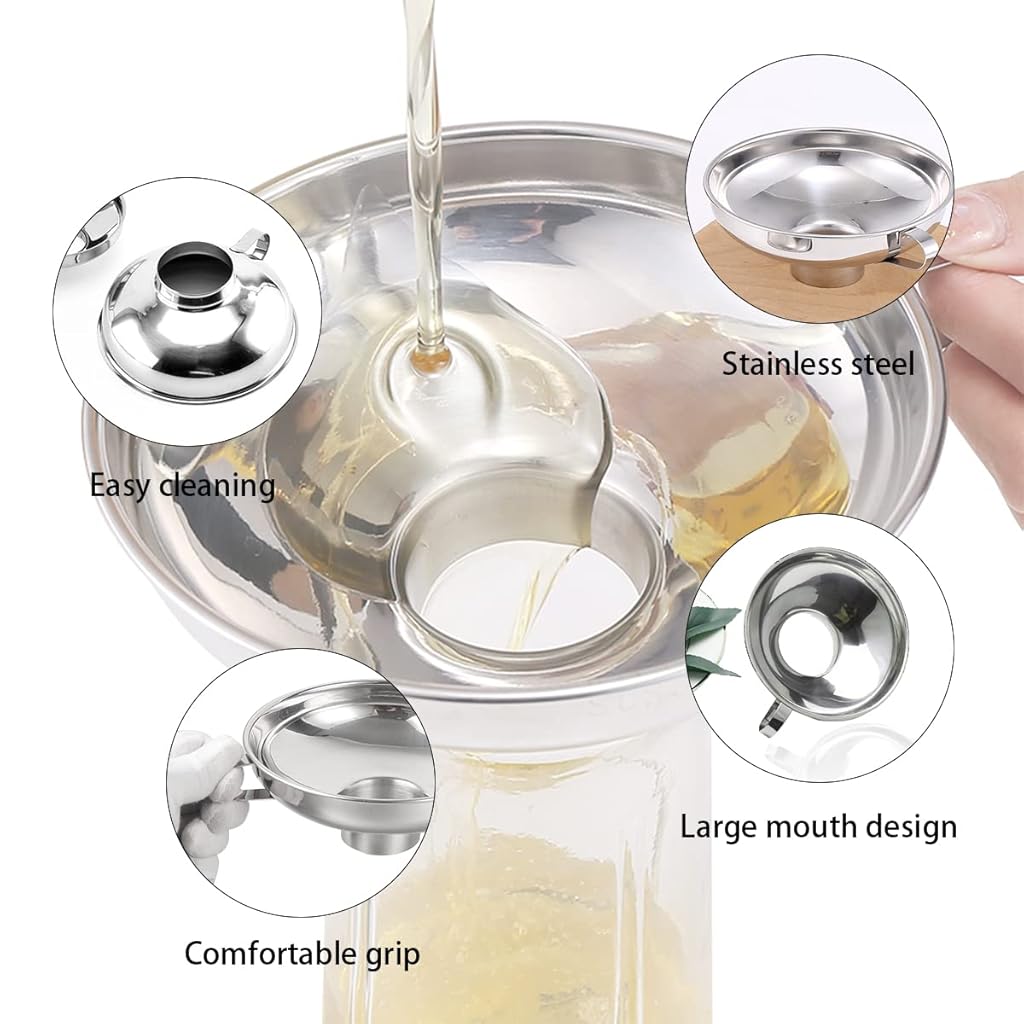HASTHIP® Canning Funnel for Kitchen Use with Handle Multipurpose 304 Stainless Steel Wide Mouth for Mason Jars Oil Dispenser Large Funnels 5.8X2.3inch 3PCS