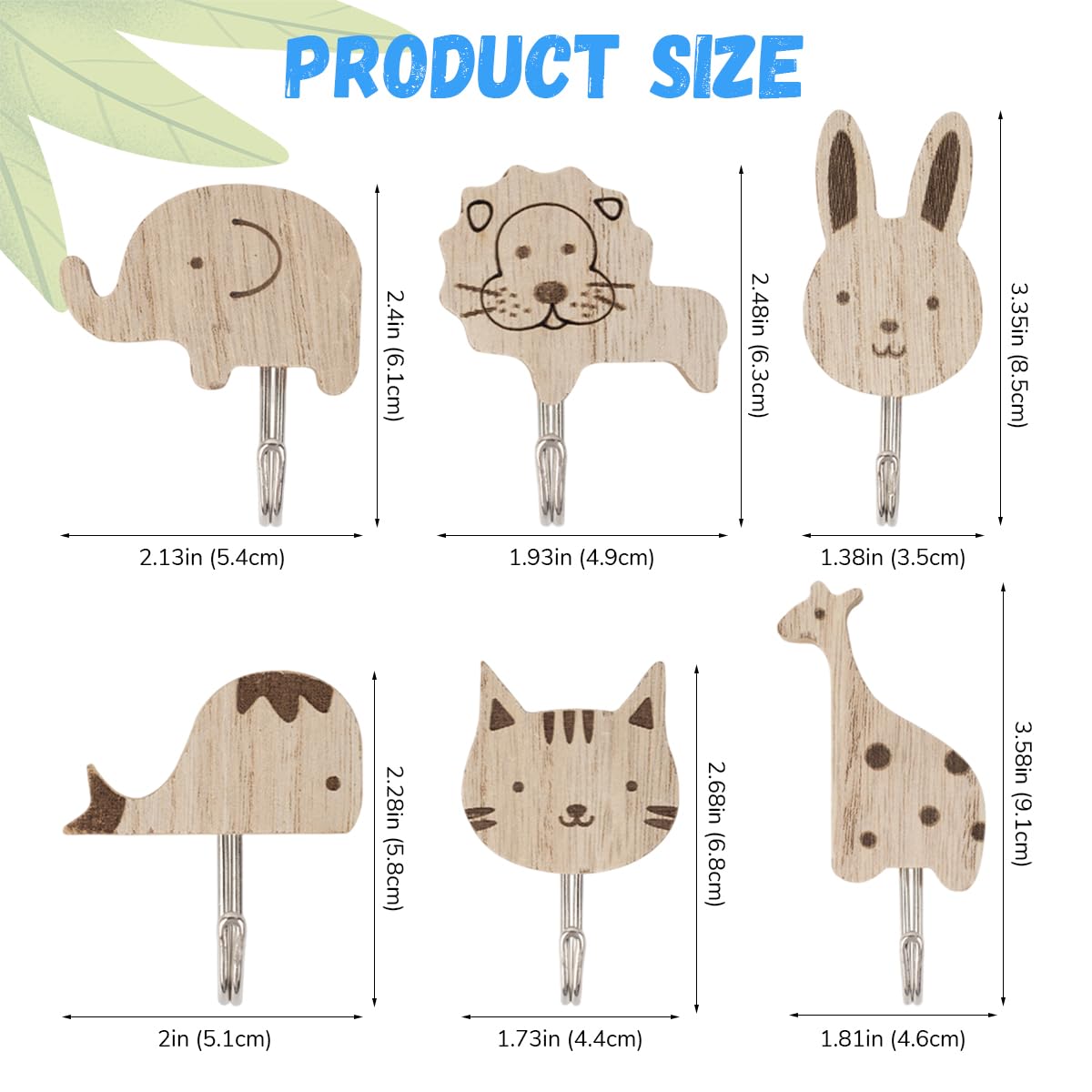 HASTHIP Cartoon Wooden Wall Hooks for Entryway and Room with Self-Adhesive Design | 6Pcs Durable Wood & Metal Organizer