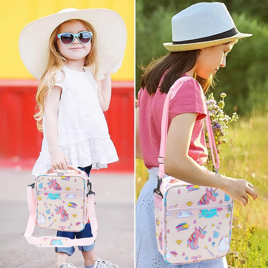 HASTHIP Lunch Box for Kids featuring triple-layer insulation with 8.5x3.2x10 in capacity | Blue Unicorn Print Tote for School Meals