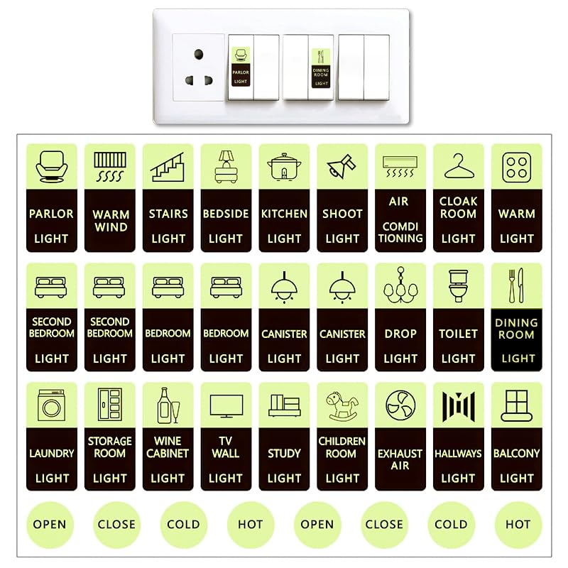 HASTHIP Switch Board Stickers for Home with Glow in Dark Labels | 35 Piece Self Adhesive Set