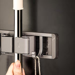 HASTHIP® Aluminum Wall Mop Holder, No Drill Push-in Mop Holder Organizer with 6 Hooks, Space Saving Cleaning Tool Organizer for Bathroom Garage