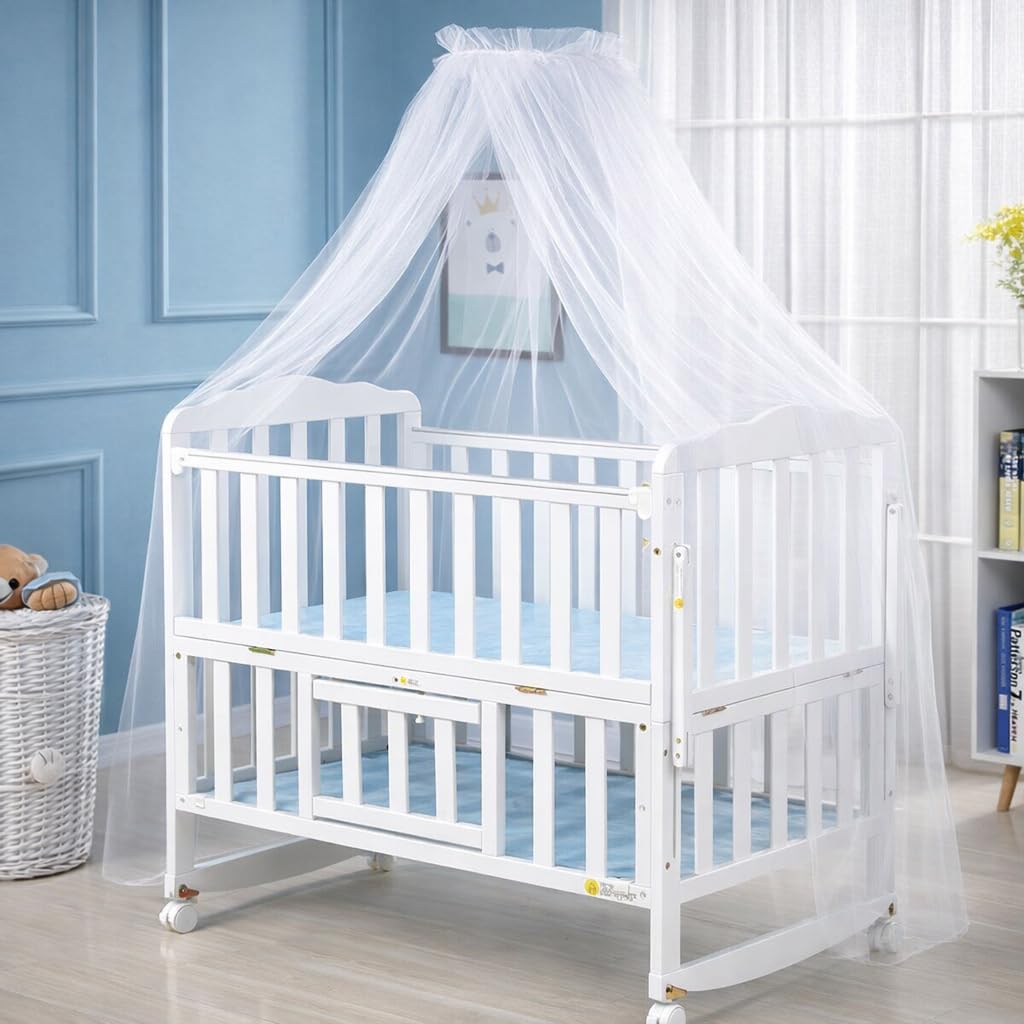 HASTHIP® SNOWIE Soft Mosquitera para Cuna con Soporte Ajustable y Dosel de Encaje Blanco, Malla Fina Ligera para protección contra Insectos