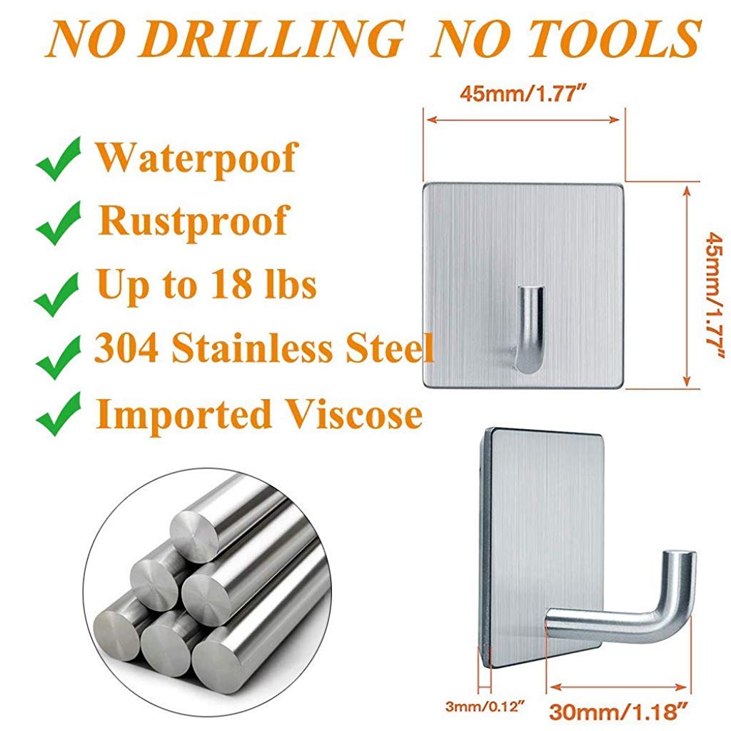 Supvox Self Adhesive Hooks Heavy Duty Stainless Steel Waterproof Shower Stick on Hooks for Hanging Coat, Hat, Towel for Kitchens Bathrooms Offices No Drill Needed-Pack of 4