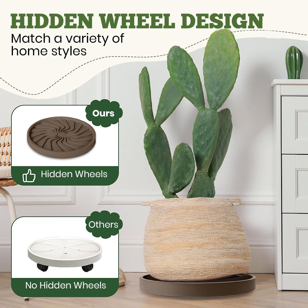 HASTHIP Plant Pot Stand for Indoor and Outdoor Use with 360° Wheels and Spiral Ridged PP Tray | 37 cm Round Brown