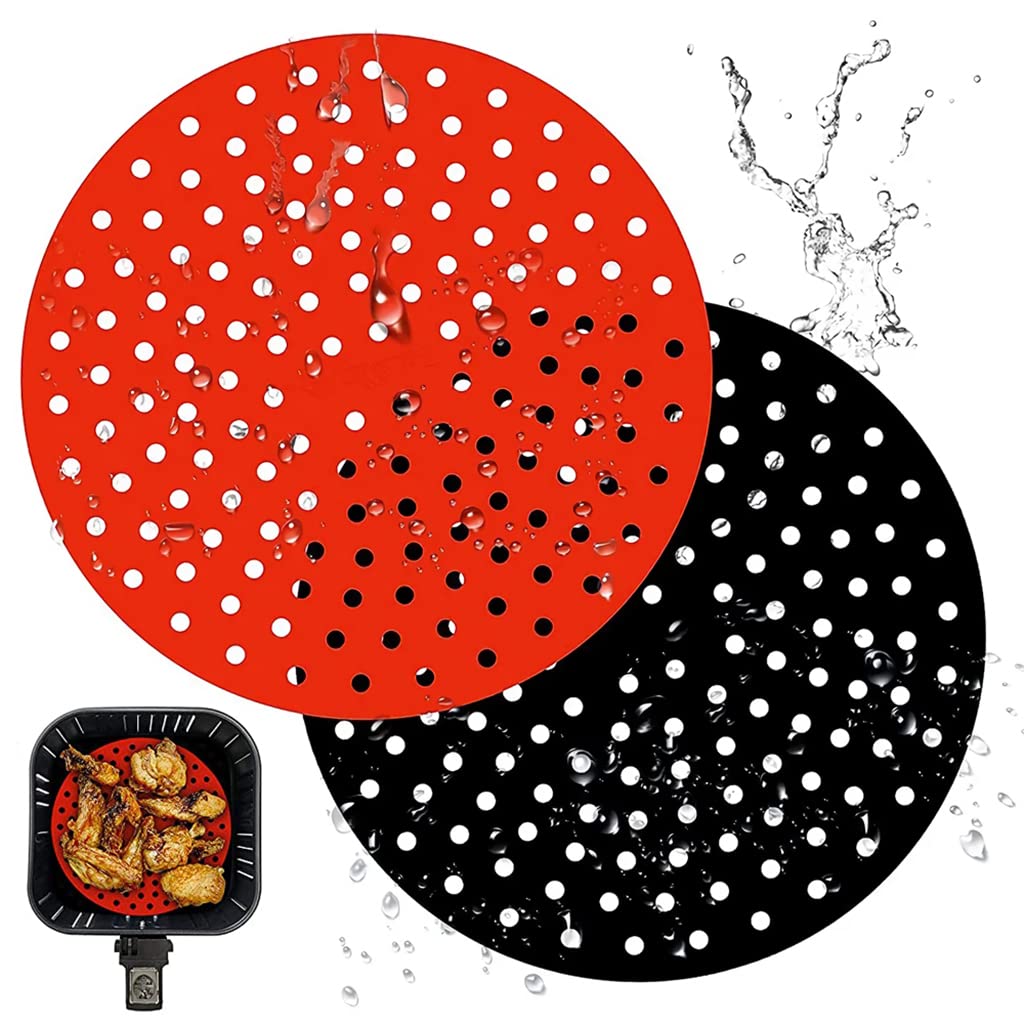 HASTHIP Reusable Silicone Air Fryer Liners for 8 Inch Fryers with Even Heat Holes | 2 Pack Red and Black