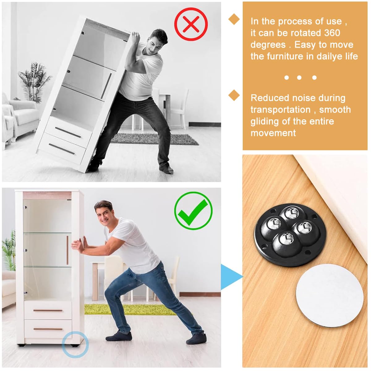 HASTHIP Wheels for Furniture Moving with 360° Swivel Design and 30 kg Load | 8 Pcs Set