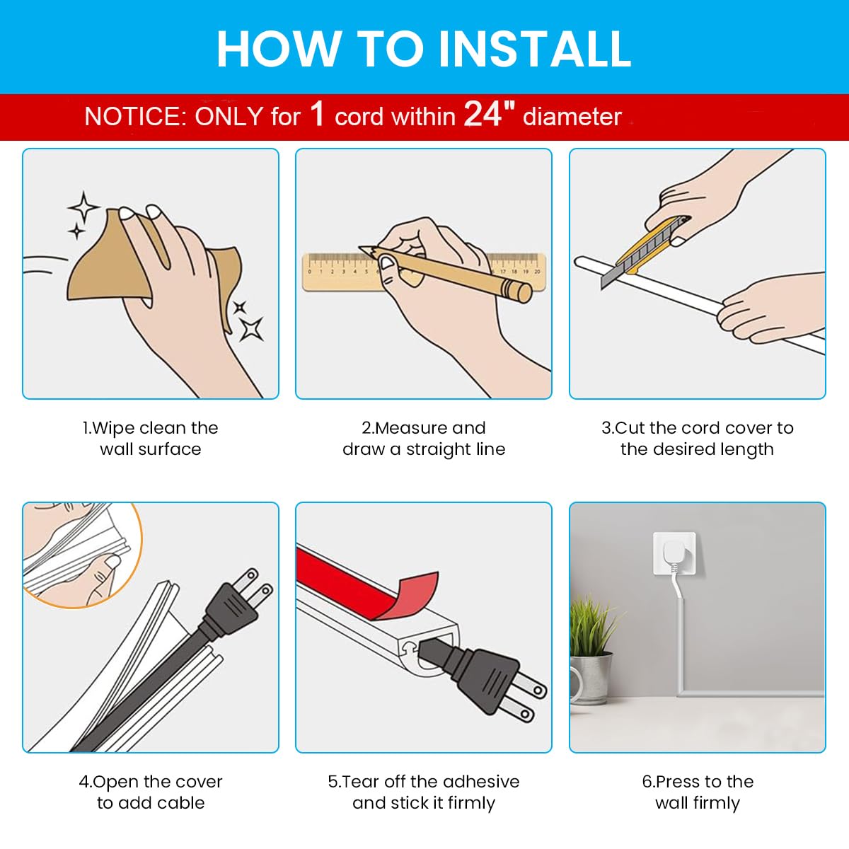 HASTHIP® 6.6ft PVC Cord Cover for Wall Self Adhesive Floor Cord Hider Wall Wire Holder Hider Cuttable Soft Cable Hider Side Open Flexible Wire Cover Cable Covers, for 1 Wire About 0.24" Diameter