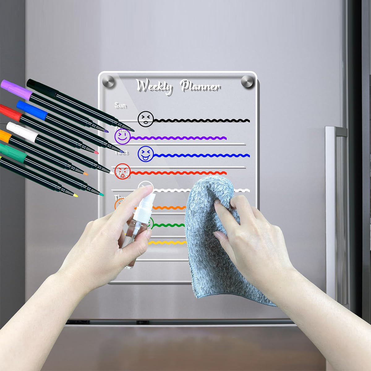 Acrylic Weekly Planner with 6 Color Pens, Magnetic Refrigerator Whiteboard, Meal Planner for Kitchen Fridge, Clear Weekly Calendar Planning Noteboard Dry Erase Board, 11.69x8.27inch